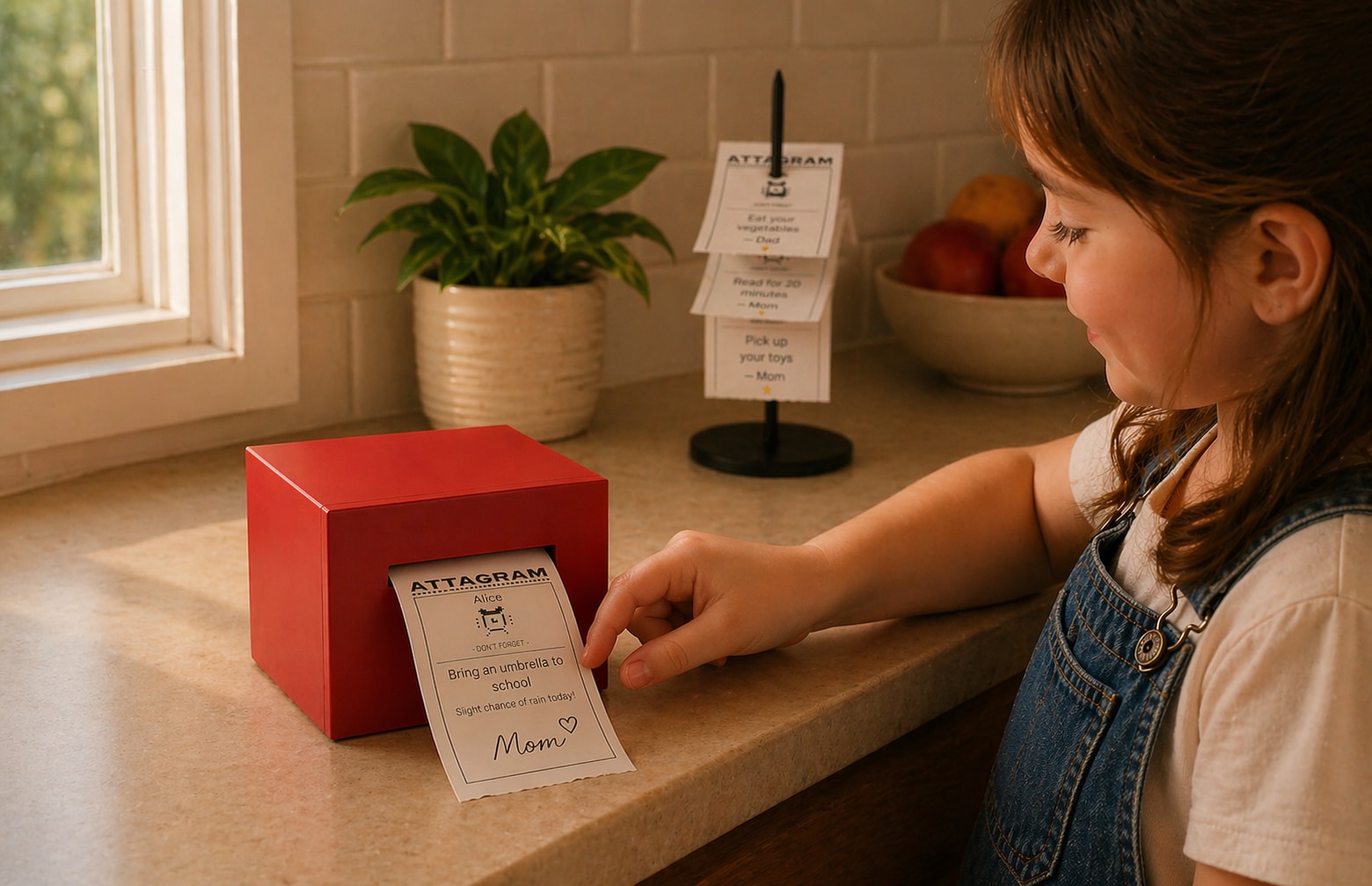 A child at the kitchen counter reaching for a fresh Attagram receipt as it prints. A spike of earlier notes stands behind the printer.
