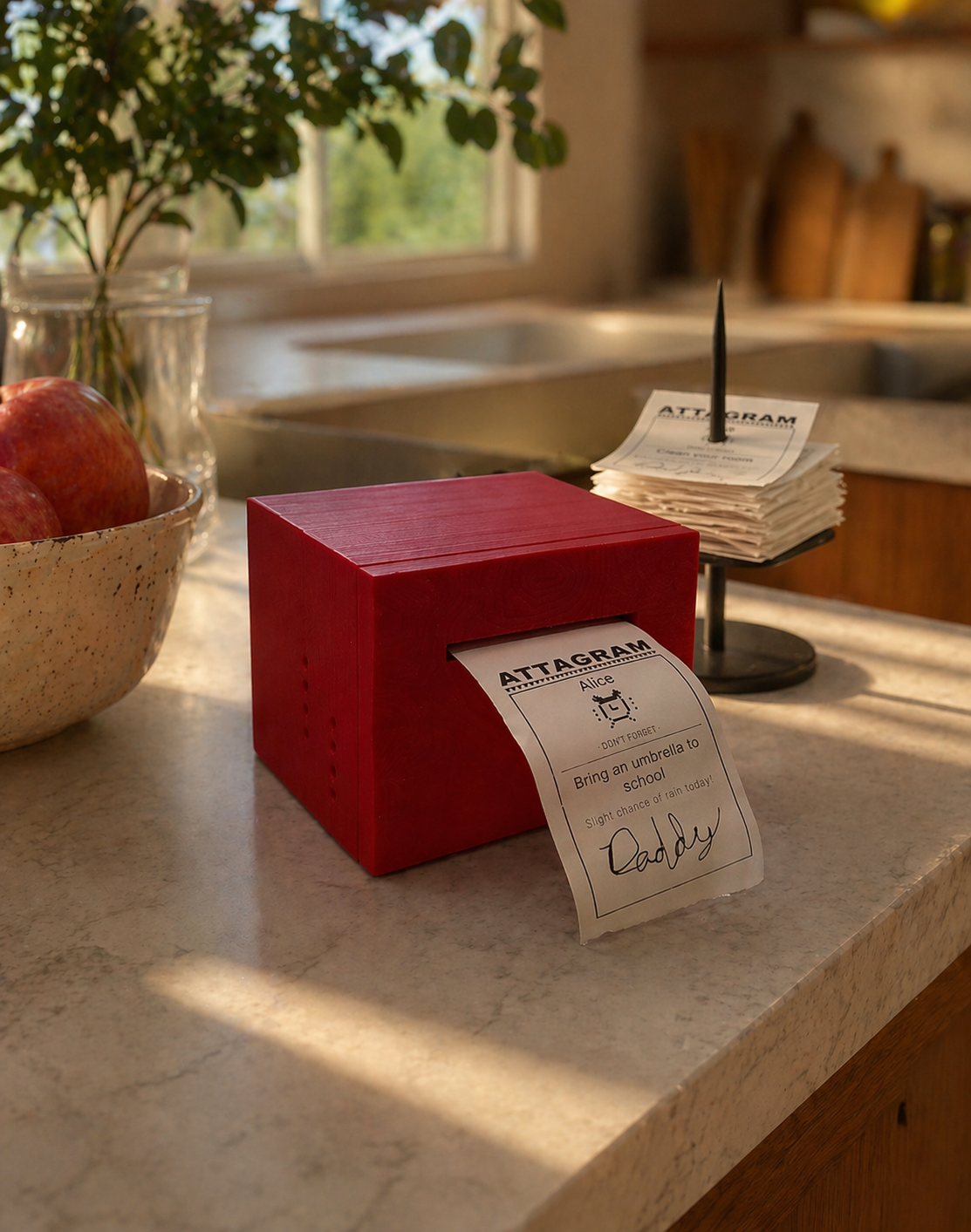 The Attagram printer with a stack of printed family receipts.