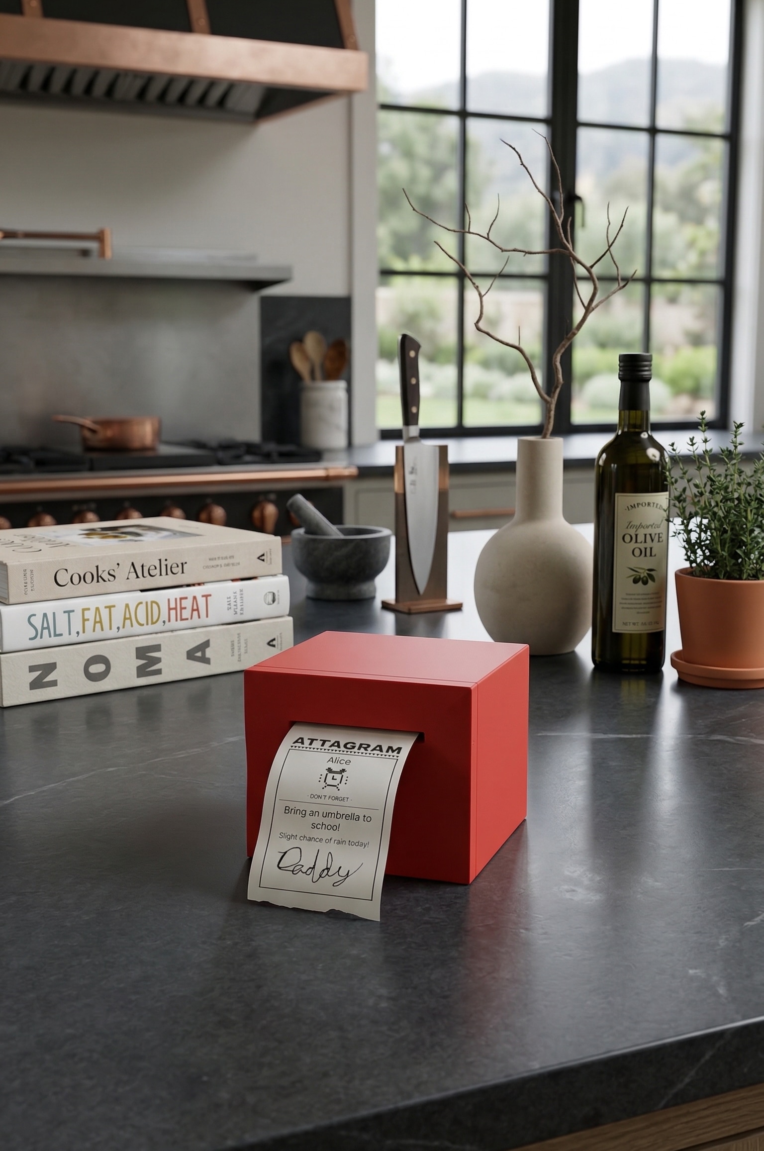 Attagram printer on a kitchen counter with a printed note