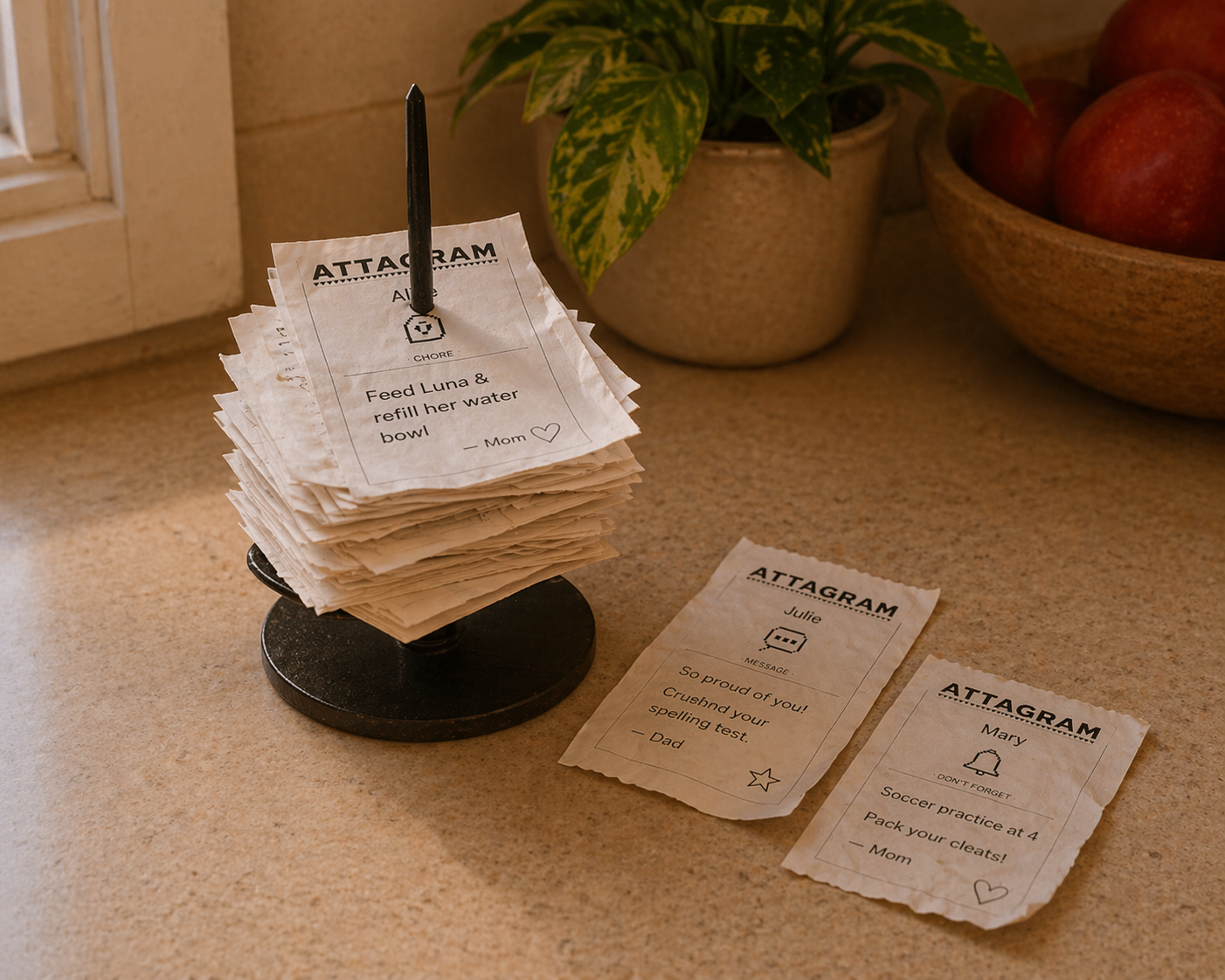 A week of Attagram receipts stacked on a paper spike.
