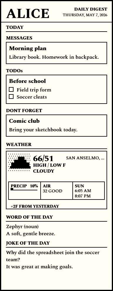 An Attagram daily digest receipt for Alice with today, San Anselmo weather, word of the day, and joke of the day sections.